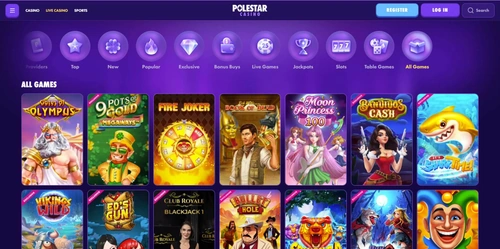 Catálogo de Polestar Casino con categorías y selección de juegos